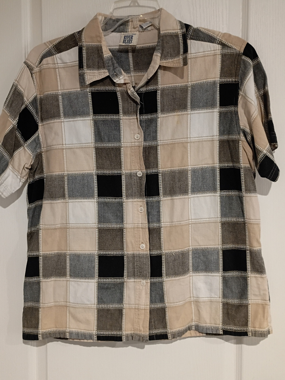 Mississppi River Blues - Men's Short-Sleeve Plaid Shirt in Beige & Black - 1X